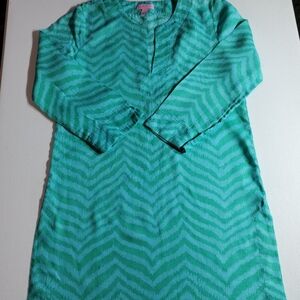 Lilly Pulitzer XS Blue and Emerald Zigzag Pattern V-Neck Tunic Blouse